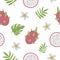 Vector dragon fruit seamless pattern. Jungle fruit repeat background. Hand drawn flat exotic texture. Bright childish healthy