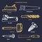 Vector drawing of carpentry tools.Illustration of wood works equipment elements.