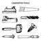 Vector drawing of carpentry tools. Illustration of wood works equipment elements.