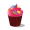 Vector drawing colorful cupcake of a decorated with decor, cream and chocolate, on white background