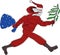 Vector drawing of modern Santa Claus with fir tree and gift bag running in hurry for Christmas