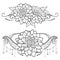 Vector drawing of outline Dahlia or Dalia flower bunch, lace and swirls in black isolated on white background. Floral tattoo.