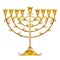 Vector drawing of outline golden Hanukkah menorah or Chanukiah candelabrum isolated on white background. Ornate Chanukah menorah.