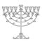 Vector drawing of outline Hanukkah menorah or Chanukiah candelabrum in black isolated on white background. Ornate Hanukkah menora.