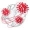 Vector drawing of outline human Coronavirus virion in red and earth planet sketch isolated on white background.