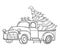 Vector drawing of outline vintage old pickup truck with Christmas tree and garland in black isolated on white background.