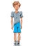 Vector drawing of a red-haired Caucasian boy, cartoon hand-drawn cute youngster wearing blue shorts, sneakers and