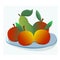 Vector drawing of ripe fruit. There are red and green apples and pears on the plate. Healthy diet, vegan food