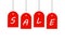 Vector drawing `Sale`, red tags hanging isolated on a white background.