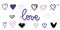 Vector drawing set of hearts with the word love. Perfect for postcard, poster, patterns and decorations  Modern style Sweet words