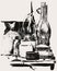 Vector drawing of still life with old kerosene lamp and kitchen utensils