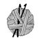 Vector drawing in the style of doodle. a ball of wool for knitting and crocheting and two crochet hooks. black and white graphic d