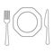 Vector drawing of thin line fork , octagonal plate and knife, flat line icon