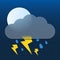 Vector drawing. Weather icon with cloud in style glass morphism moon, lightning and raindrops on dark blue background.