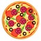 Vector drawing of a whole round pizza with tomatoes, pepperoni sausage, olives cheese and arugula. Isolated on white