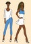 Vector drawings of fashionable slender girls in summer dress and jeans