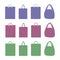 Vector drawings paper and polyethylene pink blue green bags with handles isolated on white background
