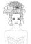 Vector drawn coloring page, portrait of young woman . Girl with hairstyle loose bun wrapped in a scarf. Fashionable model with cle