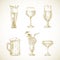 Vector Drinks Sketches Set. Hand Drawn Collection of Illustrations of Wine Glass, Beer Mugs and Cocktail Beverage