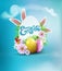Vector Easter background with colored eggs, bunny ears, flowers, ladybug, and butterfly and text, in card egg-like