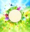 Vector Easter background with a round card for text, grass and e