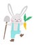 Vector Easter bunny icon. Rabbit boy with spade and carrot isolated on white background. Cute animal gardener illustration for