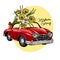 Vector Easter car. Retro automobile driving a bouquet of daffodils. Hand drawn vector illustration. Engraved colored art