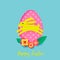 Vector Easter card with cute color paper cut Easter egg, jumping bunny, rabbit and spring flowers blossom. Happy Easter greeting c