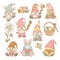 Vector Easter clipart collection of funny spring gnome, bunny ears, easter eggs, basket isolated