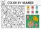 Vector Easter color by number activity with chick, basket, butterfly, eggs. Spring holiday coloring and counting game with cute