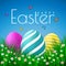 Vector Easter eggs with grass, butterfly and flowers isolated on a blue background. Element for celebratory design