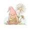 Vector Easter illustration with funny spring lady gnome and basket full of easter eggs isolated.