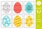 Vector Easter mix and match puzzle with traditional holiday symbols. Spring cut out matching activity for preschool children.