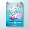 Vector Easter Party Flyer Illustration with painted eggs, rabbit ears and flower on nature blue background. Spring
