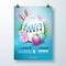 Vector Easter Party Flyer Illustration with painted eggs, rabbit ears and typography elements on nature blue background