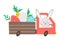 Vector Easter truck icon with colored eggs and carrots. Bunny driving a car with holiday presents isolated on white background.