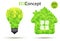 Vector eco lamp and Green House. Lightbulb and house illustration from green leaves. Eco concept