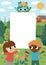 Vector eco life scene with cute kids. Vertical card template with ecological landscape. Green city illustration with forest,