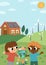 Vector eco life scene with cute kids. Vertical card template with ecological landscape. Green city illustration with forest,