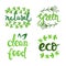 Vector eco natural bio logo set. Green icons collection. Raw food badges, labels. Lettering illustration for banners