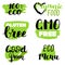 Vector eco, organic, bio logos or signs. Vegan, raw, healthy food badges, tags set for cafe, restaurants, products packaging