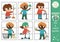 Vector ecological mix and match puzzle with cute kids caring of environment. Matching eco awareness activity for preschool kids.