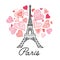 Vector Eifel Tower Paris Bursting With St Valentines Day Pink Red Hearts Of Love. Perfect for travel themed postcards