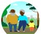 Vector elderly African American couple, family; dark-skinned grandfather with a little grandson are walking in the park. Happy