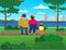 Vector elderly African American couple, family; dark-skinned grandfather with a little grandson are walking in the park. Happy