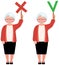 Vector elderly woman teacher holds in her hands signs true and false