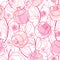 Vector elegance seamless pattern with outline Pomegranate fruit, ornate leaf, flower and blots in pastel pink on the white.