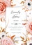 Vector elegant, stylish wedding invite, invitation card design. Chic bouquet frame: blush peach, pink rose flowers, white anemones