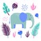 Vector elephant  wild animal plant flowers leaf