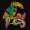 Vector embroidery oriental print with big bird. Floral folk template with toucan and Paisley flower on black background
